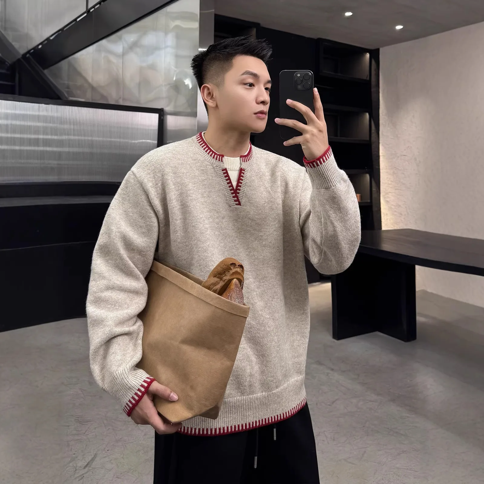 Autumn Winter Half Zip Hooded Sweater Men's Loose Japanese Casual Pullover Top