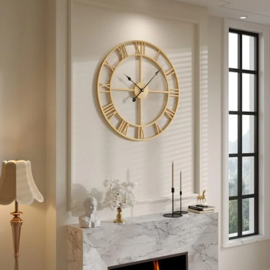 

Large Wall Clock, Gold Clocks for Livg Room Decor, Silent Non Tickg Battery-Operated Metal Round Wall Clock Decorative Modern D