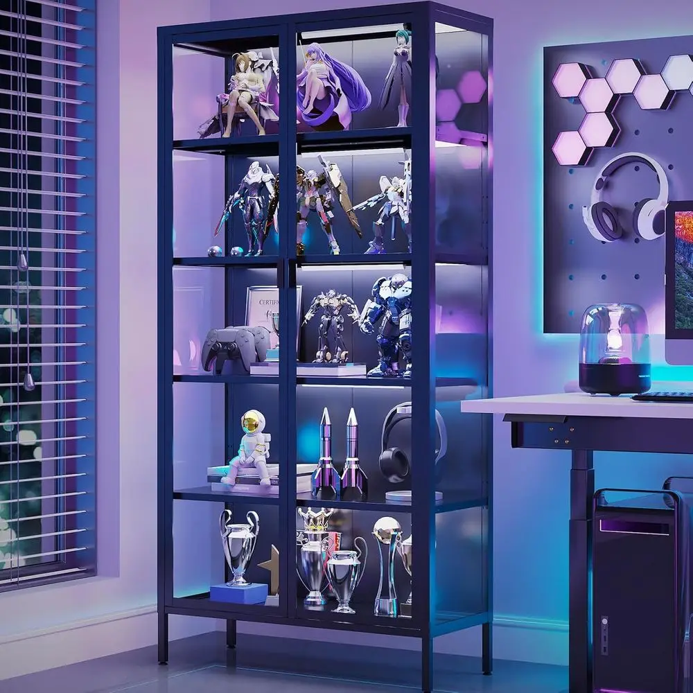 71 High Glass Curio Cabinet with 5 Shelves, LED Sensor Lights, Ideal for Living and Bedroom Display