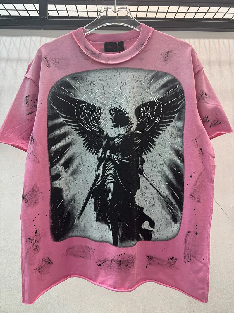 Herren Damen Engel-Krieger Grafik T-Shirt Farbspritzer Distressed-Waschung Strass Gothic West Coast Luxus Loose Fit Bedrucktes T-Shirt – Detail 2