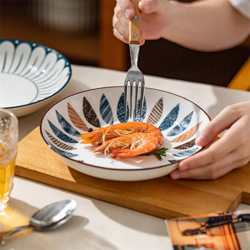Japanese-Style Underglaze Color Plate Dish Household 2025 New Style Plate Geometric Plant Printed Tableware 8 Inch Deep Plate