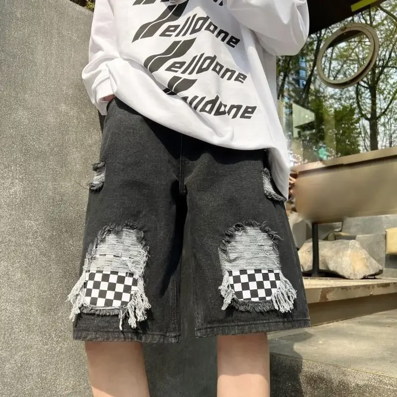 Pantaloni jeans corti larghi da uomo Bermuda metà lunga con tasche Pantaloncini di jeans da uomo Coulisse larga Baggy Strappato Vendita Lusso Sottile Xl