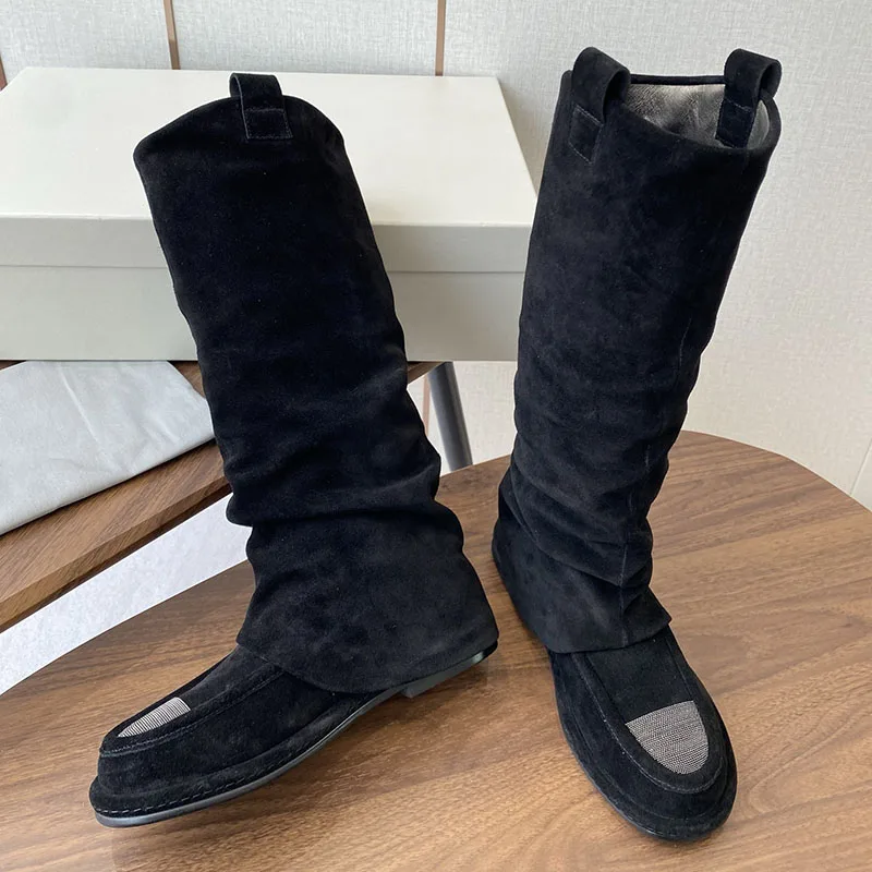 New Long Botas Spring Autumn Women Round Toe British Style knee-hight Boots Cow Suede String Bead Decor Motorcycle Boots