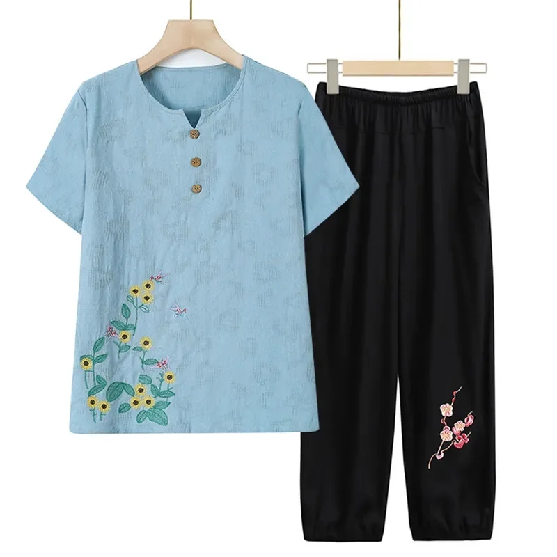 2023 New Summer Suit Women Clothes Middle-Aged Elderly Mother Casual Cotton Linen Embroidery T-Shirts @ Pants Two-Piece Suit