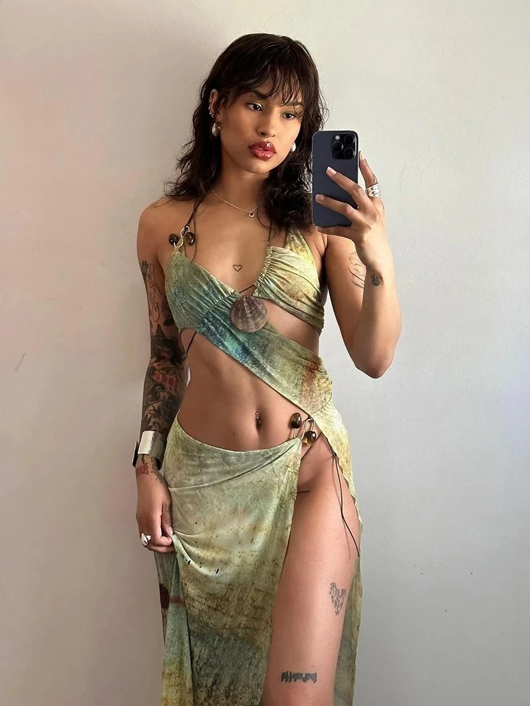 Summer Women Mid-Calf Sexy Mesh Dress K24D46937 Girl Print Halter Cut Out Side Spilt Vestido One Piece Robe Attirewear