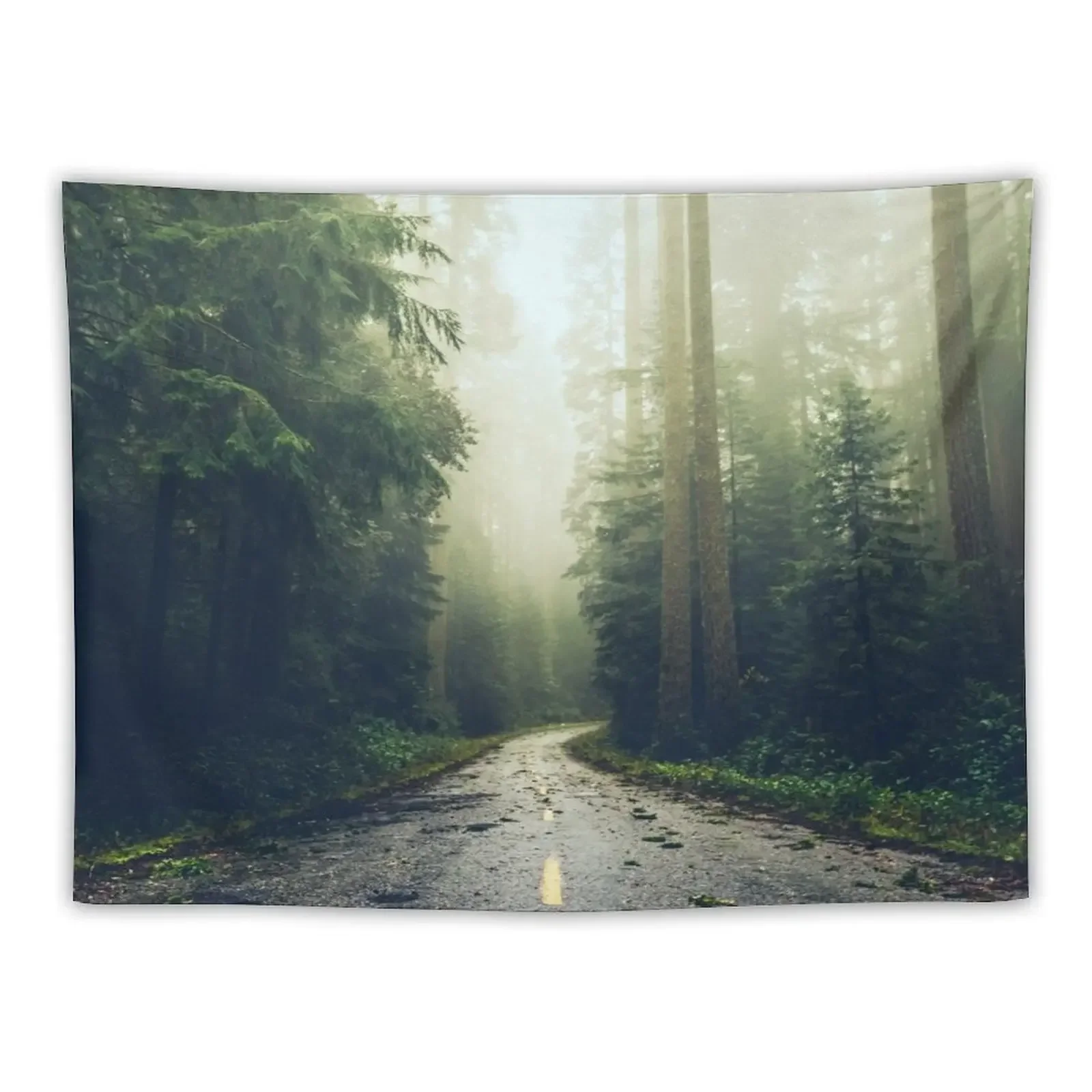 Green Forest Fog Road Wanderlust - California Redwoods Road Trip Tapestry Luxury Living Room Decoration Room Decor Cute Tapestry