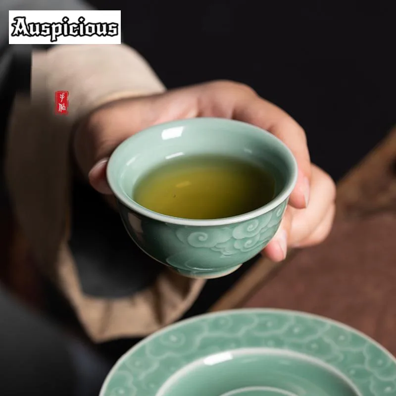 80ML Handmade Longquan Celadon Teacup Aesthetic Auspicious Clouds Master Cup with Holder Set of Cups Jianzhan Tea Ceremony Gifts