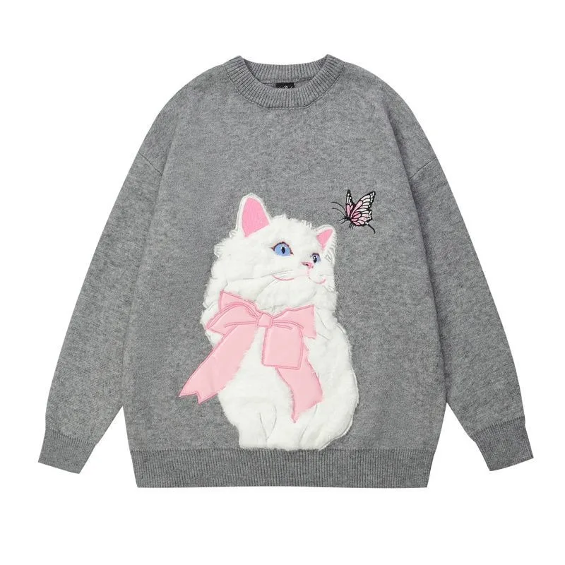 American Hip Hop Lovely Cartoon Sweater Embroidery Cat High Quality Knitted Sweatshirt Loose Oversized Streetwear Korean Style