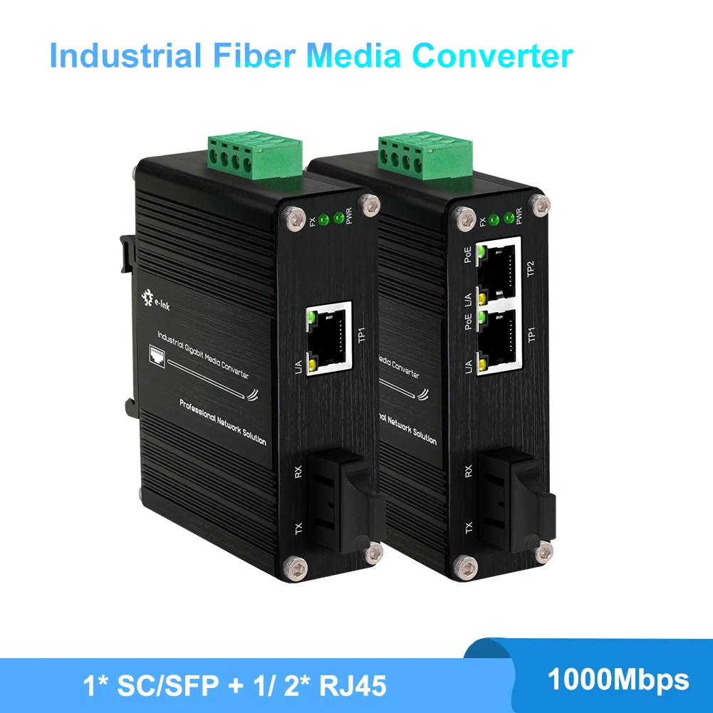 Industrial Gigabit Fiber Media Converter 10/100/1000Mbps 1*RJ45+1*SFP/SC PoE Optional Din-Rail & Wall Mount 12~48V DC