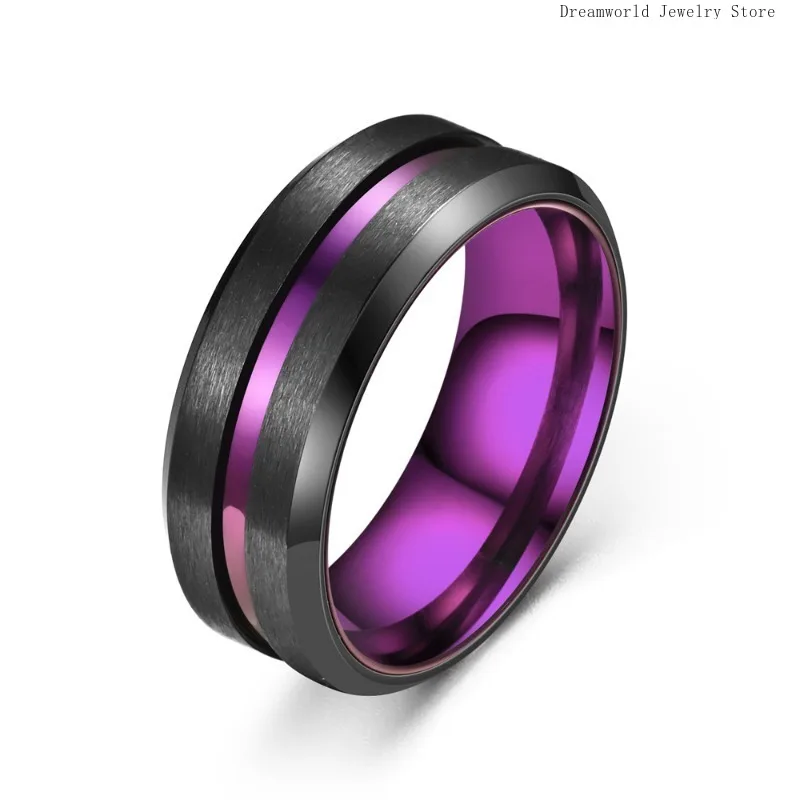 Stainless Steel Ring Two Tone Fashion Plated New Color Purple Black Beveled Men\'s Titanium Steel Groove  Black Engagement Rings