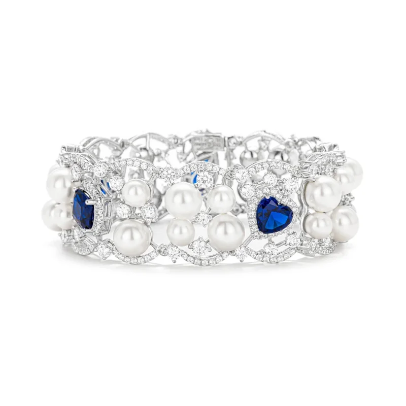 BELLUX Real Gold Plated 925 Silver Bracelet Synthetic Pearl Bracelet Personalized Blue Zircon Round White Beads Bracelet