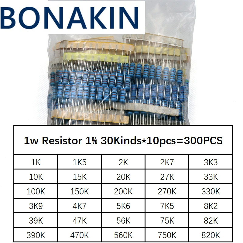 Total 300 buah 1% 1W Resistor Film logam, Kit berbagai macam 30 nilai * 10 buah = 300 buah (1K Ohm ~ 820K Ohm)