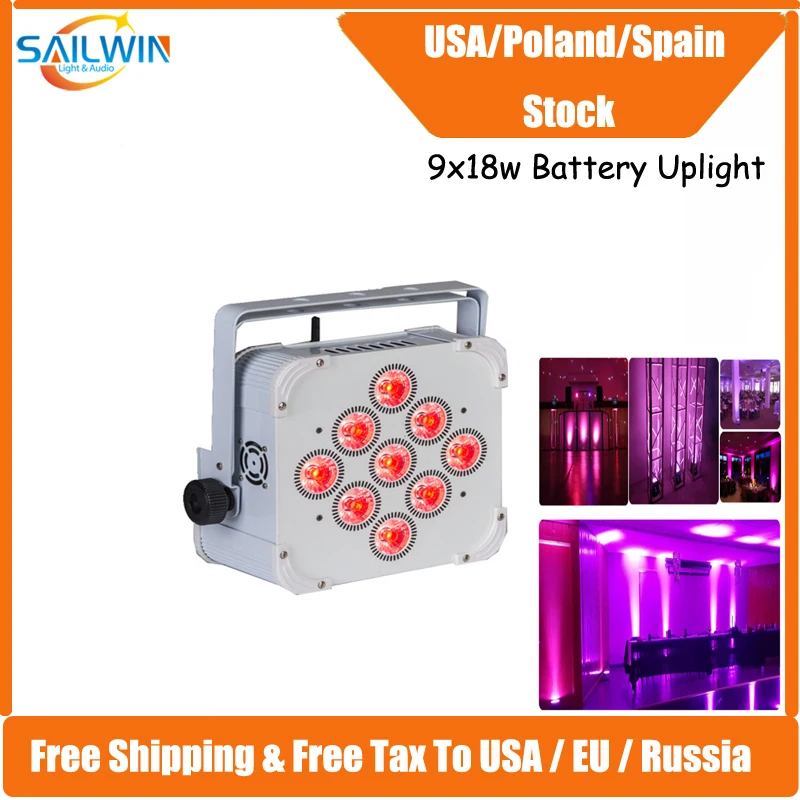 Spain Stock White Smart Par 9x18W RGBWA UV 6in1 Battery Powered Wireless DMX Flat LED Par Can Uplights For Wedding & Events