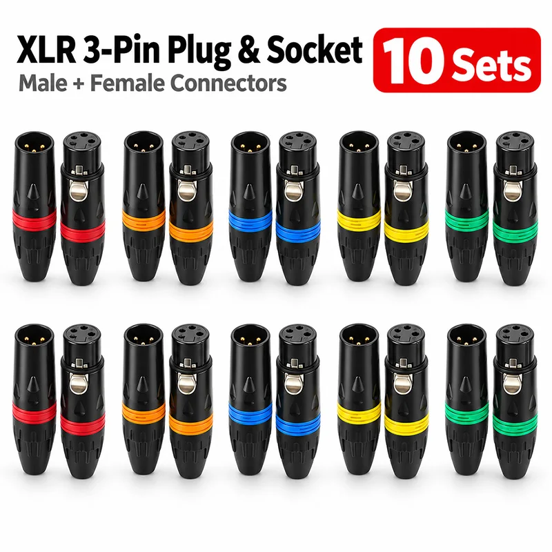 10 Sets 3 Pin XLR Male Female Audio Connector Color Metal Shell Straight Right Angle Microphone Solder Plug Socket Cable Adapter