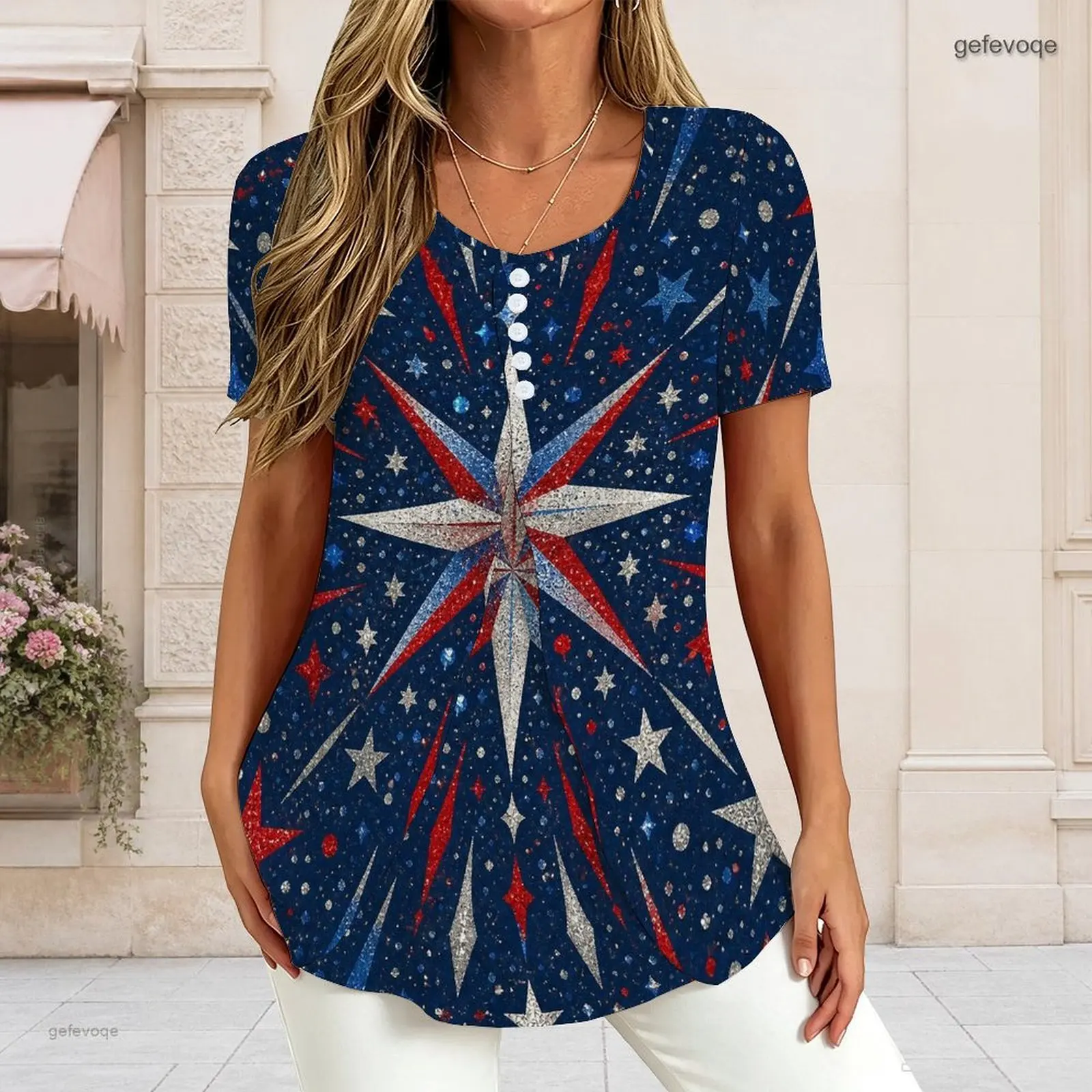 Women V Neck Short Sleeve T Shirt Half Button Placket Fake Two Piece Layered Curved Hem Loose Tunic Top Custom Print Ladies Casu