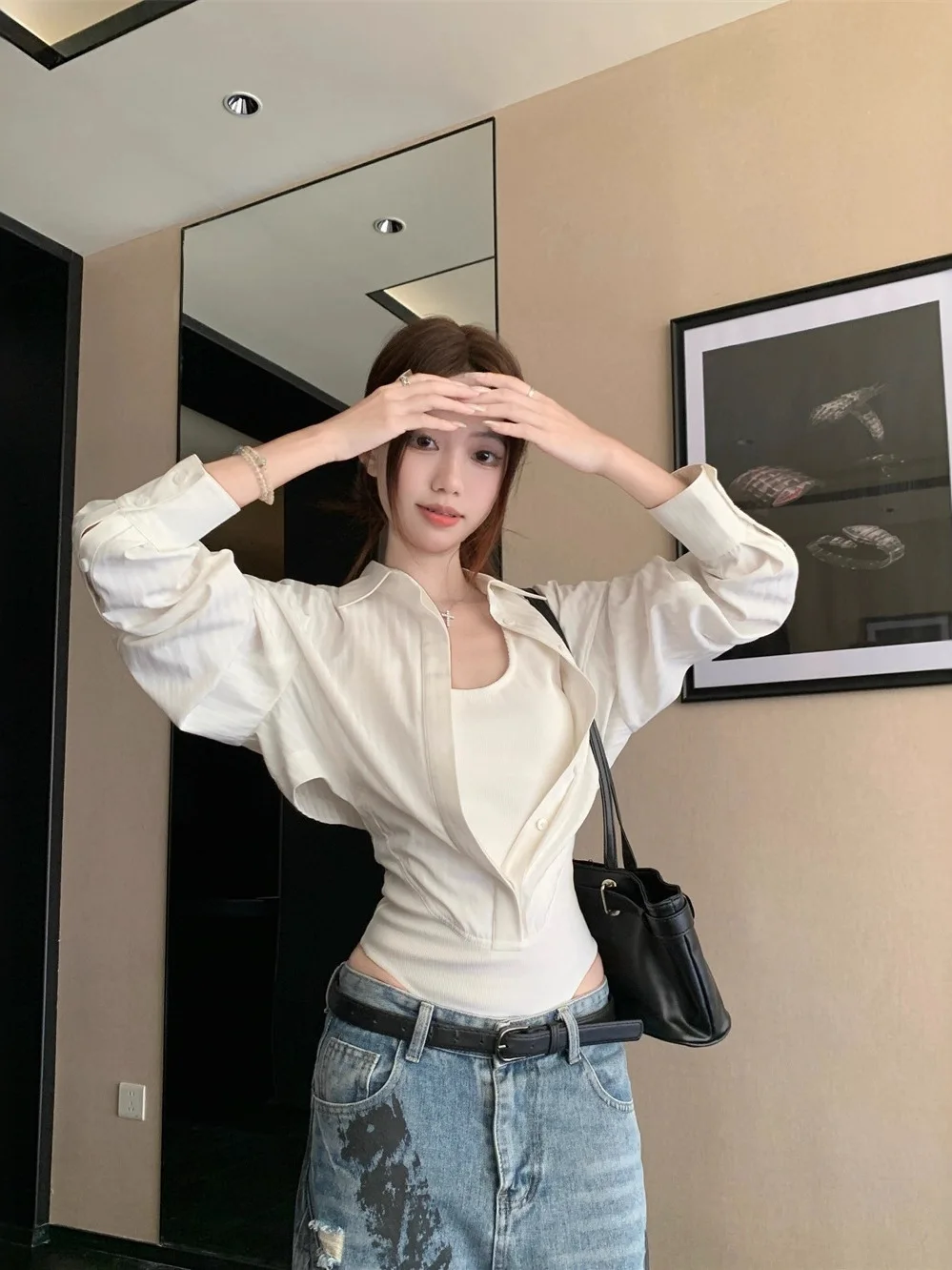 

Slim Fit Ne irt Women's Long Sve White Top Ensemble Casual Cotton Blend Spring 2026 Faion Youth Sle