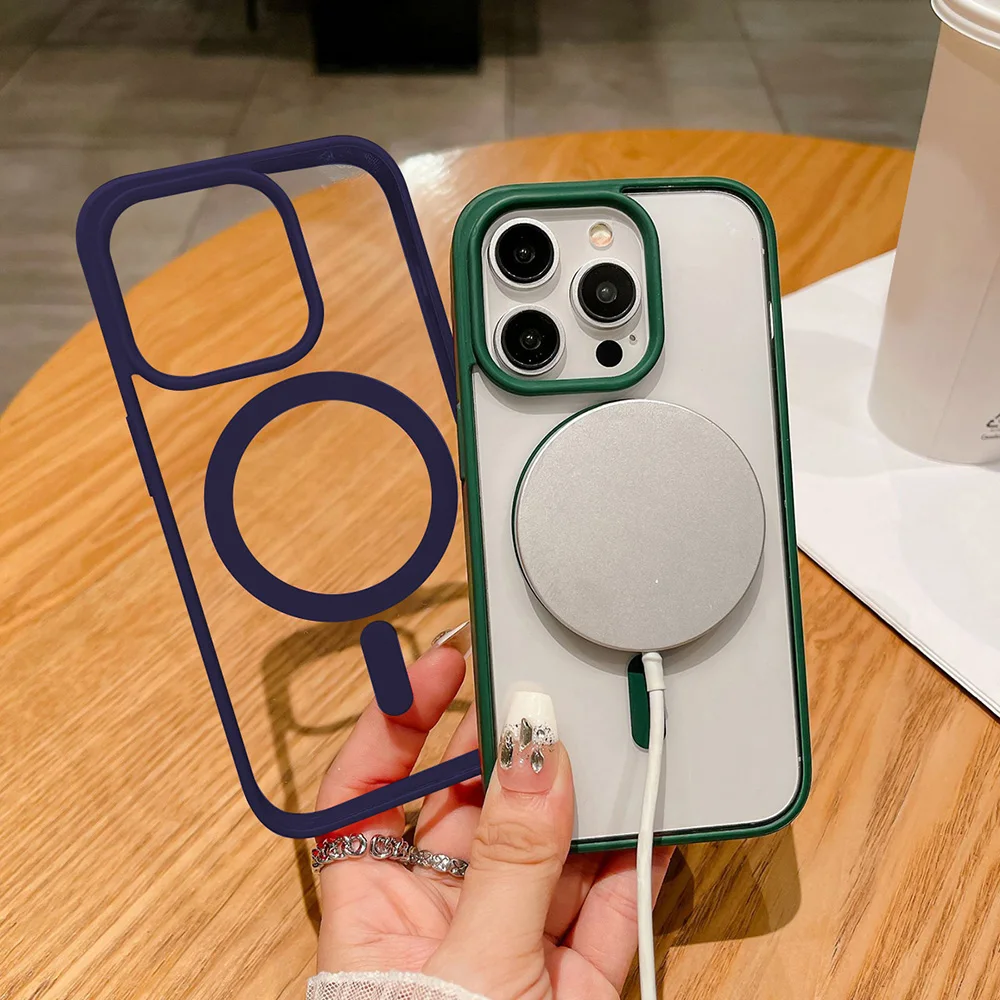 حافظة هاتف مغناطيسية من الأكريليك لهاتف Magsafe iPhone 12 Pro Max 11 15 16 13 14 غطاء Funda مقاوم للصدمات شحن لاسلكي شفاف