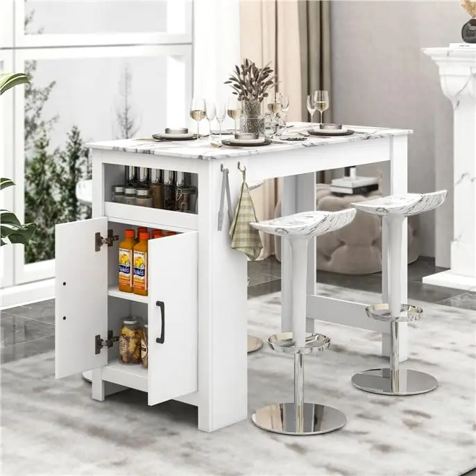 

White Marble-Top Bar Table With Cabinet Storage, Adjustable Shelf, And Hanging Hooks For Kitchen Or Dining Area