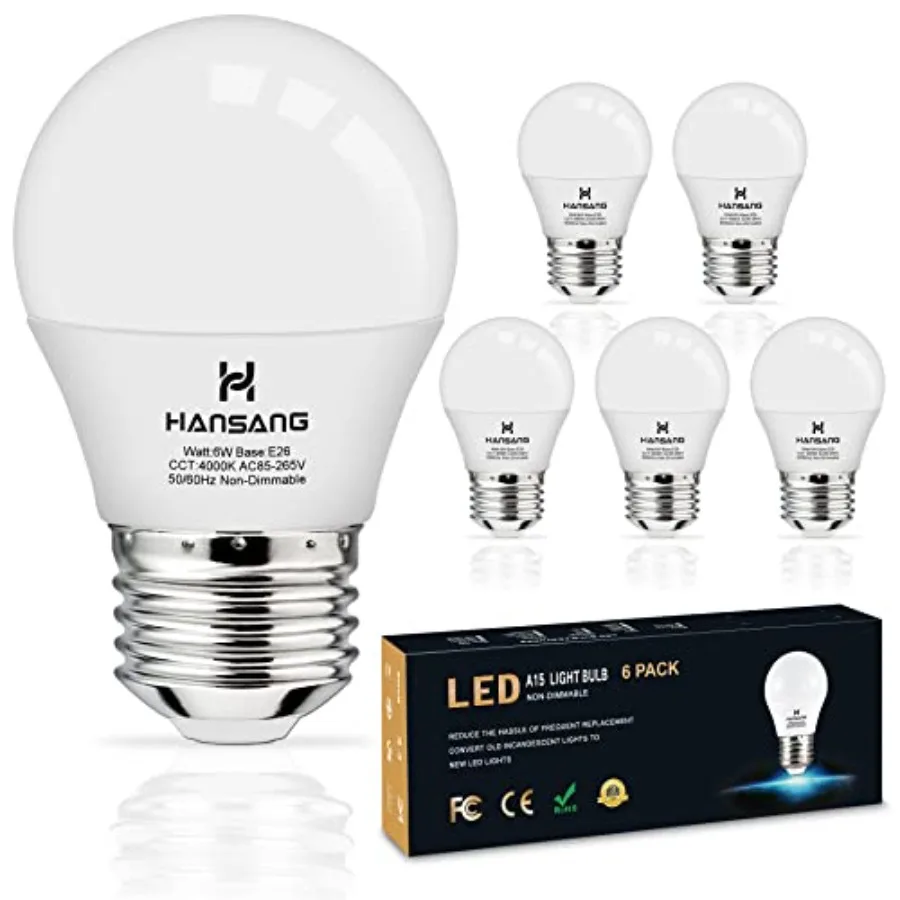 E26 Ceiling Fan Light Bulbs,,60 Watts Equivalent, A15 LED Small Light Bulb, E26 Standard Base Refrigerator Light Bulb, 600lm, 1