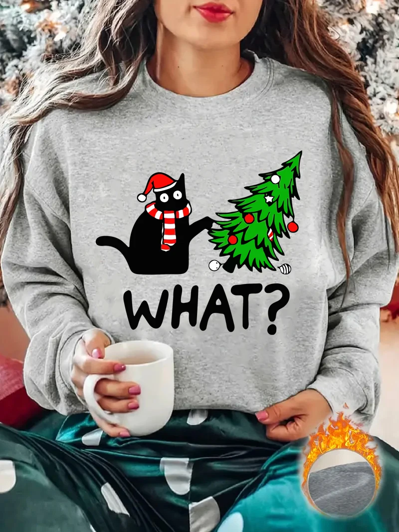 2024 Cute Cute cat Christmas tree Print Plus Long Sleeve Slight Stretch Pullover Sweatshirt Casual Tops For Fall & Winter Sales