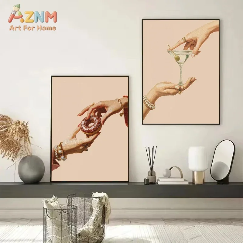 AZNM Vintage Hands Food Cocktail Canvas Wall Art, Oil Painting Style Burger Pizza Donut Martini Hand Illustration Print, Retro T