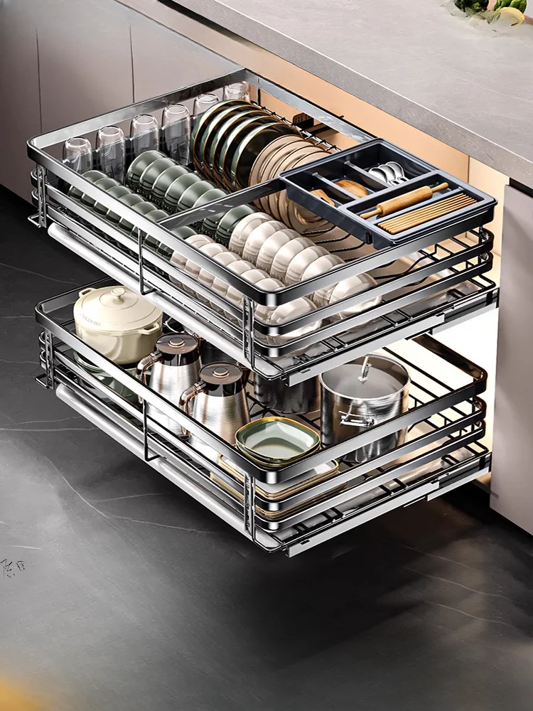 

Выдвижная корзина из нержавеющей стали, кухонный шкаф с двумя выдвижными ящиками, стойка для чашек, корзина для посуды, кухонный шкаф, корзина для посуды