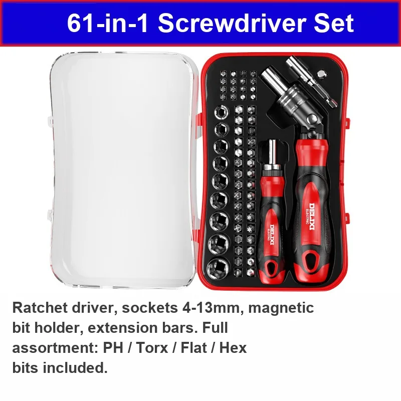 Ratchet Screwdriver Set 61pcs Bidirectional Ratchet Handle with Sockets Bits for Repair Maintenance Magnetic Precision Kit Tool
