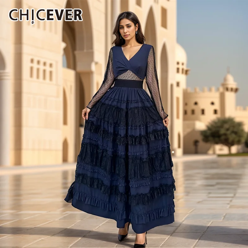 

CHICEVER Elegant Patchwork Sheer Mesh Dresses For Women V Neck Long Sleeve High Waist Spliced Lace Ruffles Hem Dress Female New