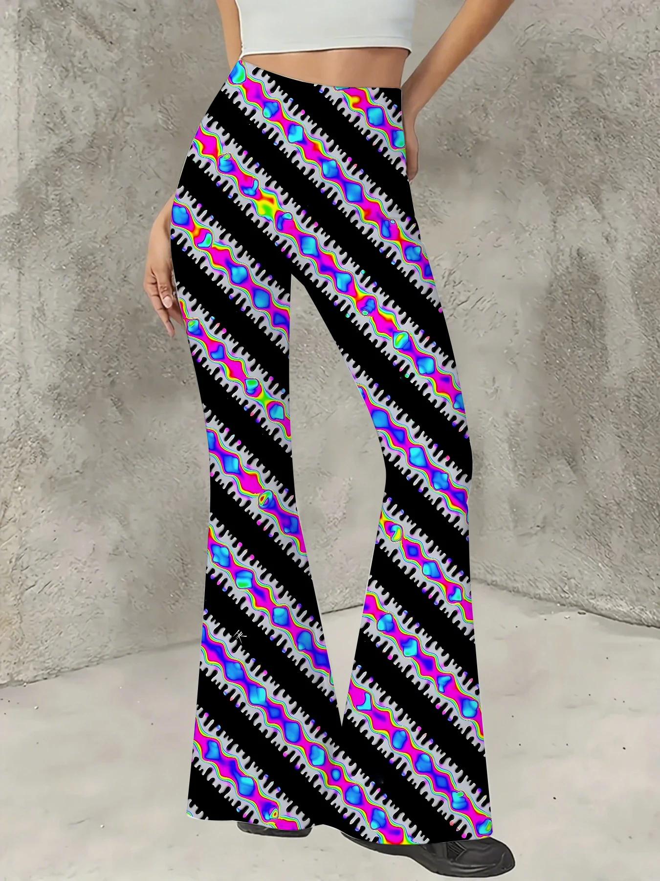 

Korean Style Printed Flare Pants Women High Waist Slim Fit Bell Bottom Leggings