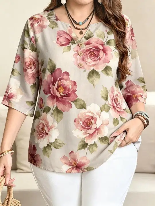 Women 3/4 Sleeve V‑Neck Blouse Button Sunflower Peony Hibiscus Floral Print Casual Ladies Plus Size Tops