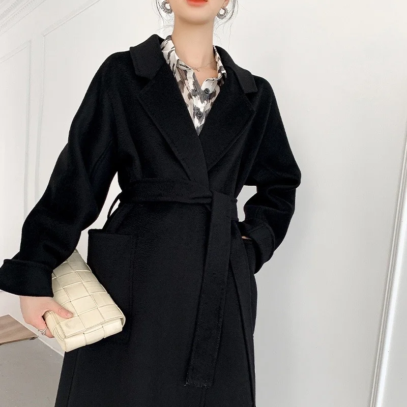 

New Winter Water Ripple Cashmere Wool Mid-length Coat Women Elegant Fashion Loose Laepl Pocket Woolen Coats Bathrobe Fit Autumn