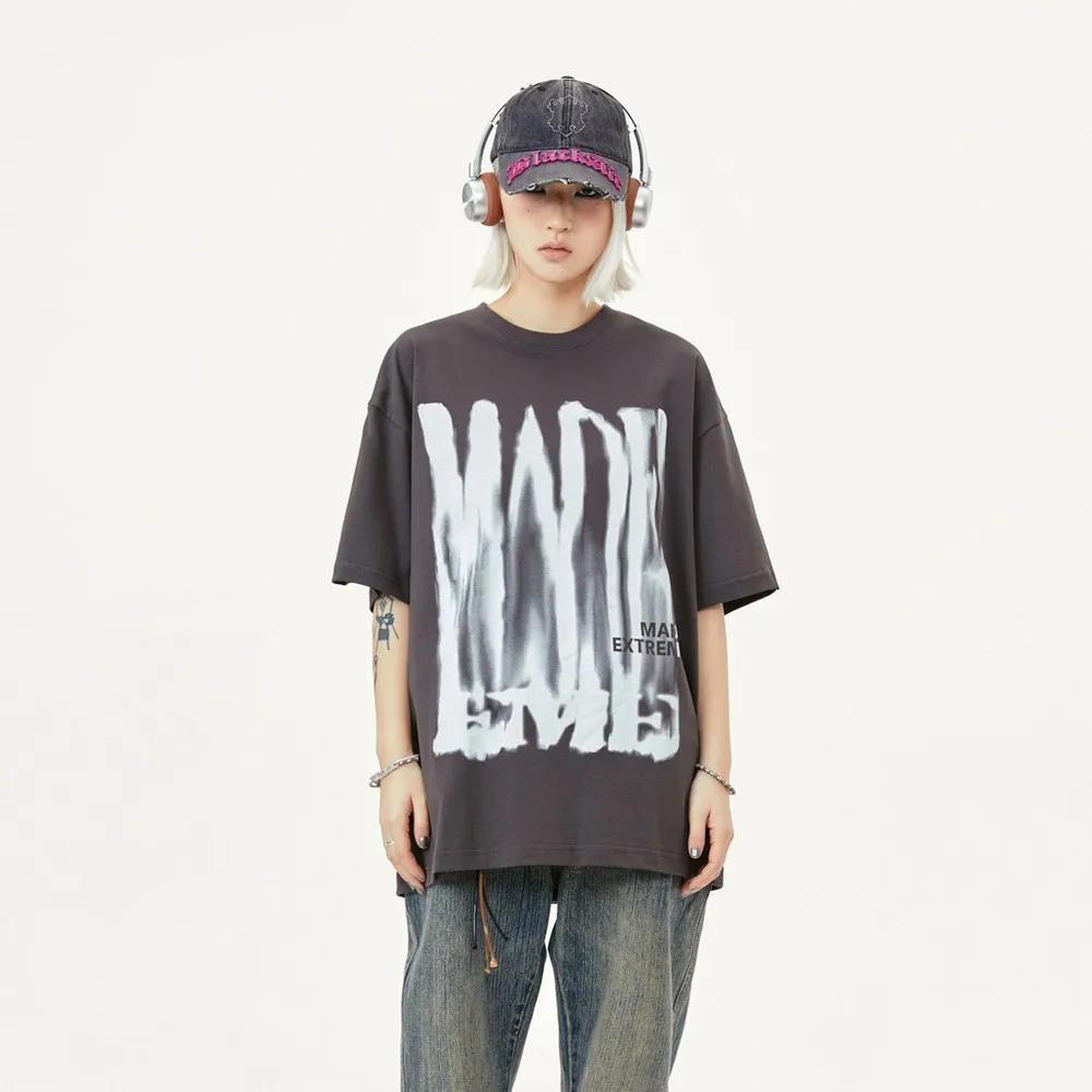 

Hand-Painted Letter Full Printed Grunge Goth Shirts for Women Men Streetwear Hand-drawn Overzie Summer Cotton Tops Tees T-shirts
