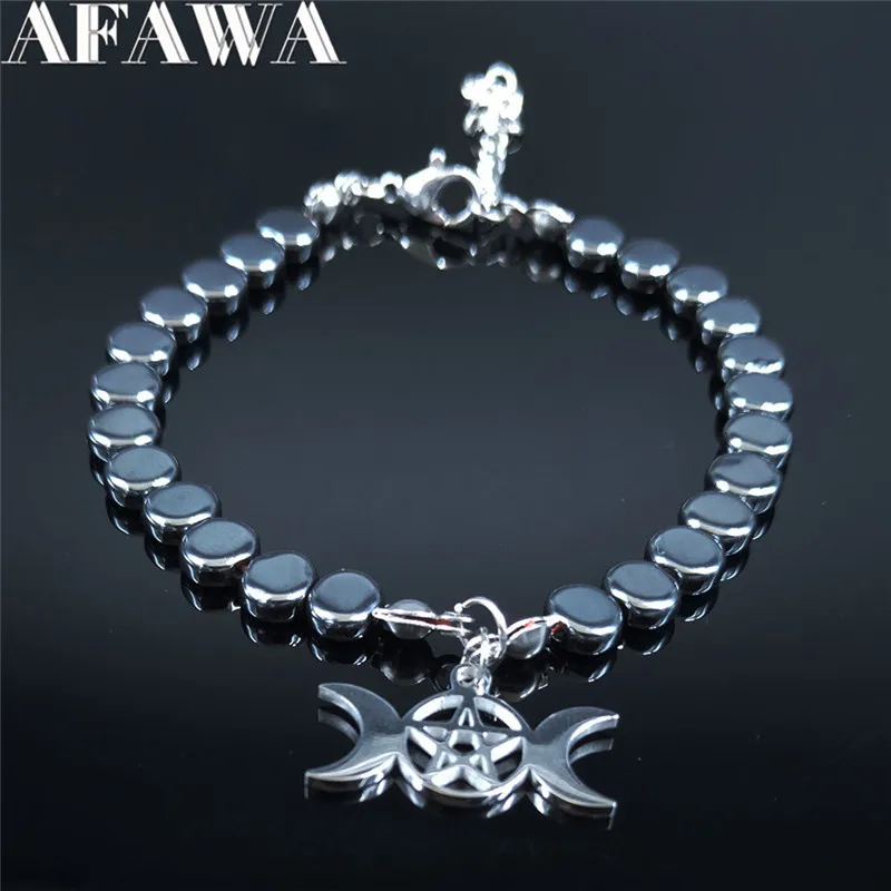 Witchcraft Pentagram Stainless Steel Triple Moon Goddess Bracelet Women Silver Color Bracelets Bangles Jewelry bijoux B1729S02