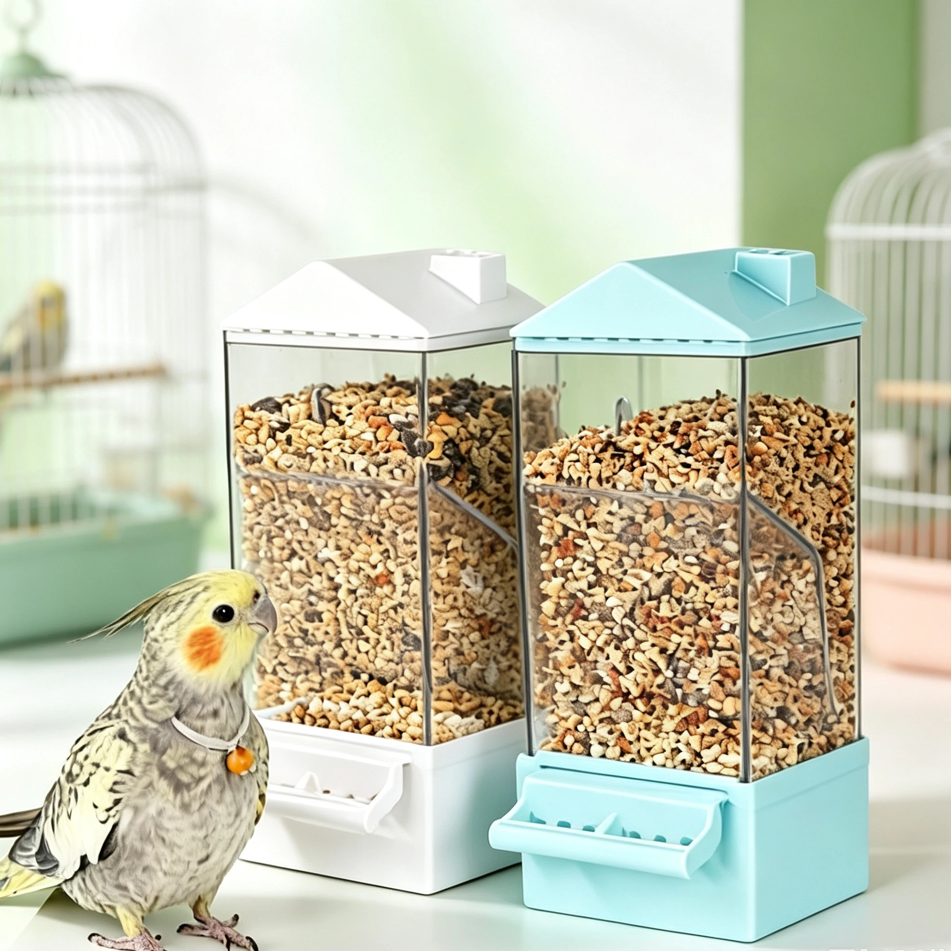 Hanging Automatic Parrot Cage Feeder Transparent Large Capacity Spill-Proof Bird Seed Dispenser Bird Feeding Stand for Budgie view 2