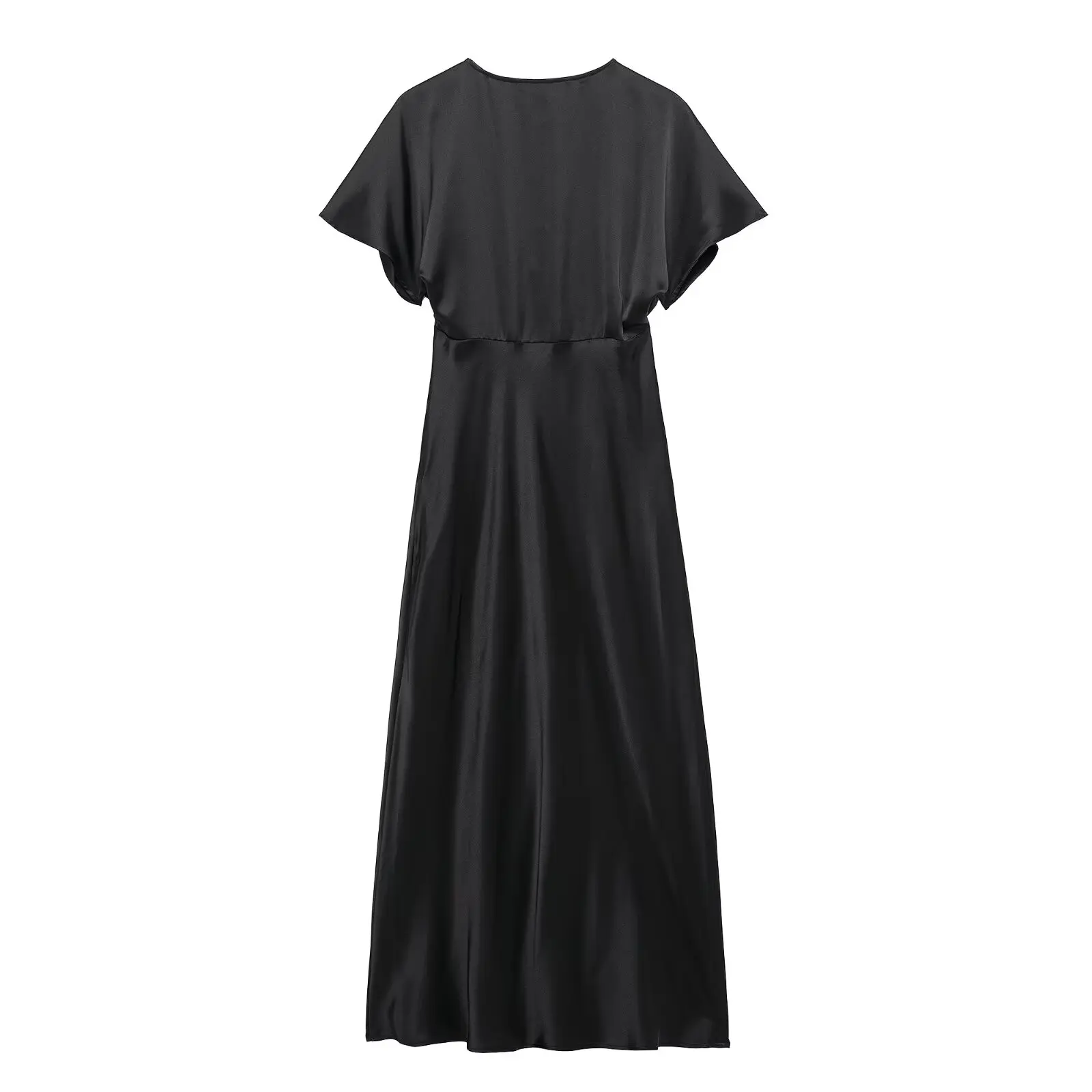   Abito lungo da donna in raso nero a maniche corte con scollo a V profondo e busto plissettato, design elegante per occasioni speciali