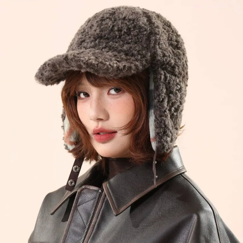 

Новые японские клетчатые шапки-бомберы из овечьей шерсти для мужчин и женщин, зимние уличные универсальные велосипедные теплые шапки для защиты ушей, пилоты