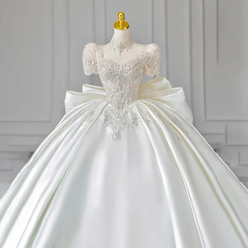 White Ball Gown Women Wedding Dresses Satin Sequins With Bow Bridal Gowns Formal robe de mariée