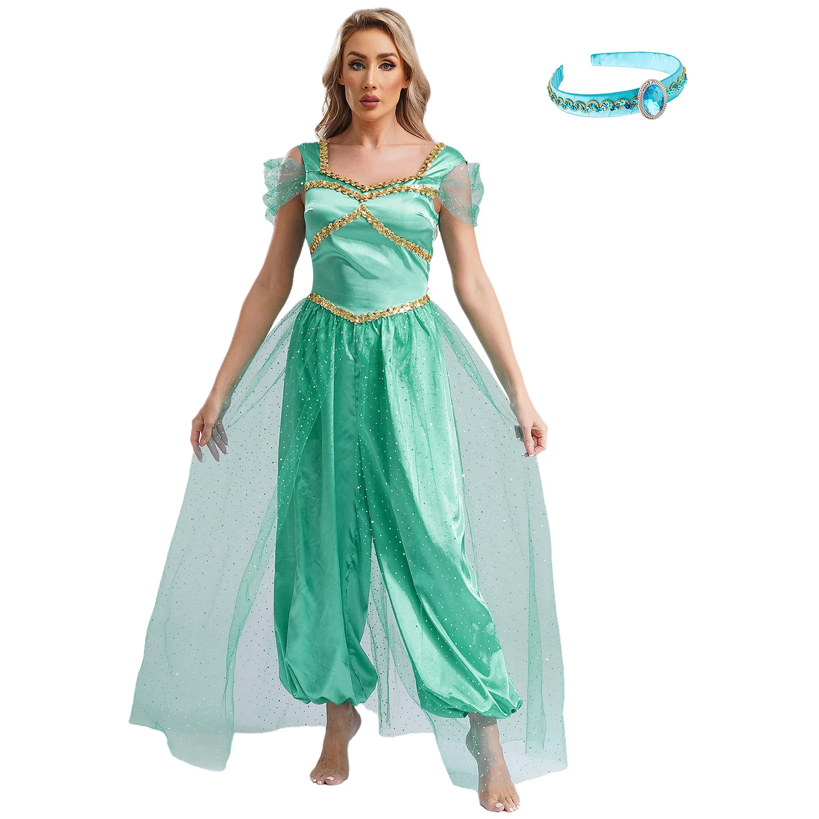 

Women's Princess Belly Dance Oriental Arabic Dress Shiny Sequins Jumpsuit Tulle Dress with Headband for Halloween Party Costume