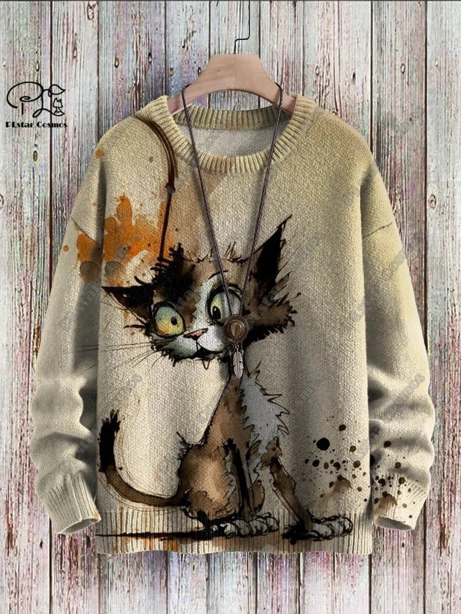 Sweter motif hewan 3D musim dingin uniseks kasual motif kucing lucu retro sweatshirt musim M-9