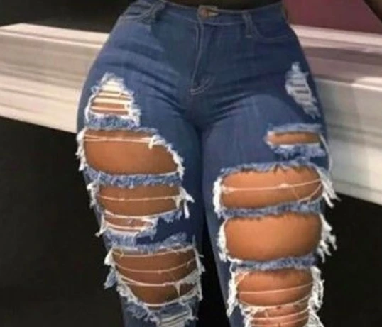 Mulheres de cintura alta rasgado jeans skinny, jeans compridos, área grande, rua, popular, novo