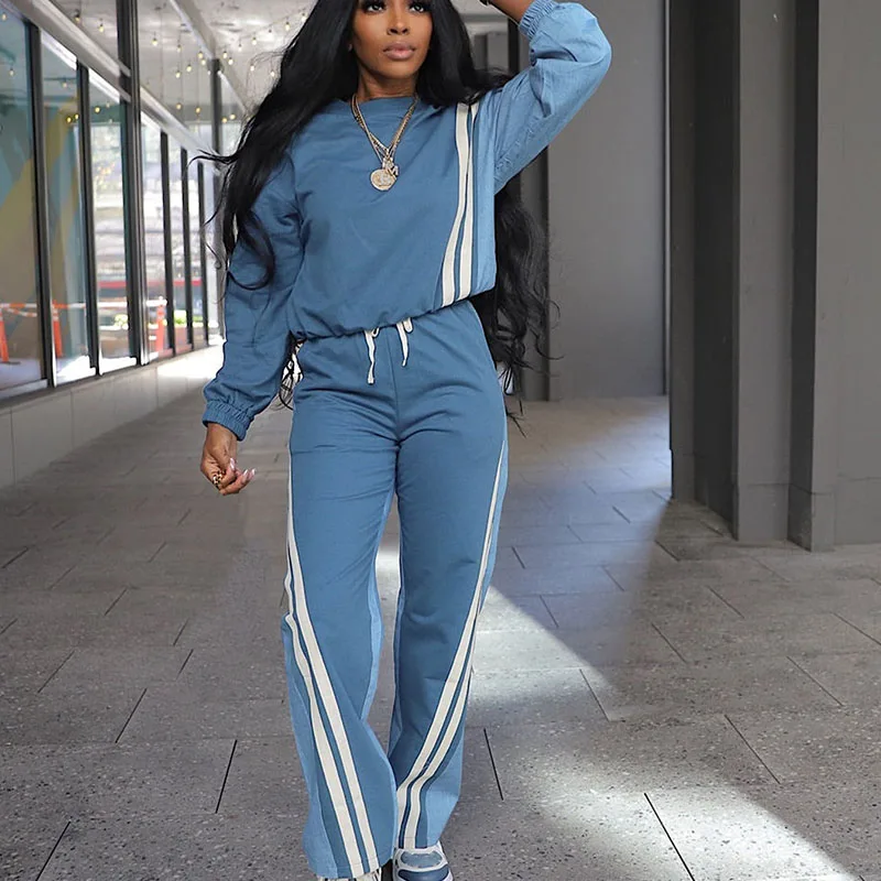 Conjunto de 2 piezas a rayas de retales Vintage para mujer, Top deportivo de manga larga con cuello redondo y pantalones de pierna ancha, conjunto a juego para correr