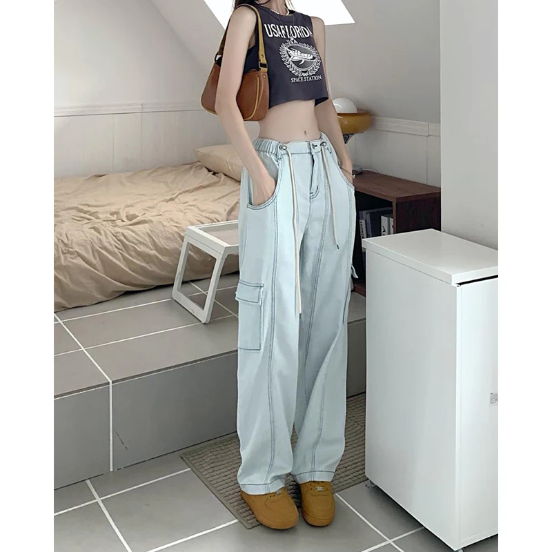 

Women's Street Blue Cargo Pants Vintage Wide Leg High Waist Drawstring Baggy Casual Straight Denim Trouser Ladies Bottoms Summer