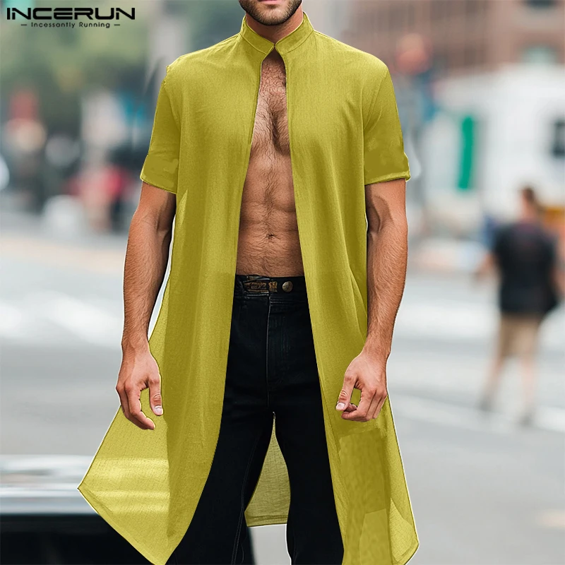 INCERUN Men Cardigan Shirts Open Stitch Short Sleeve Oversize Male Long Style Outerwear Solid Color Streetwear Vintage Camisas