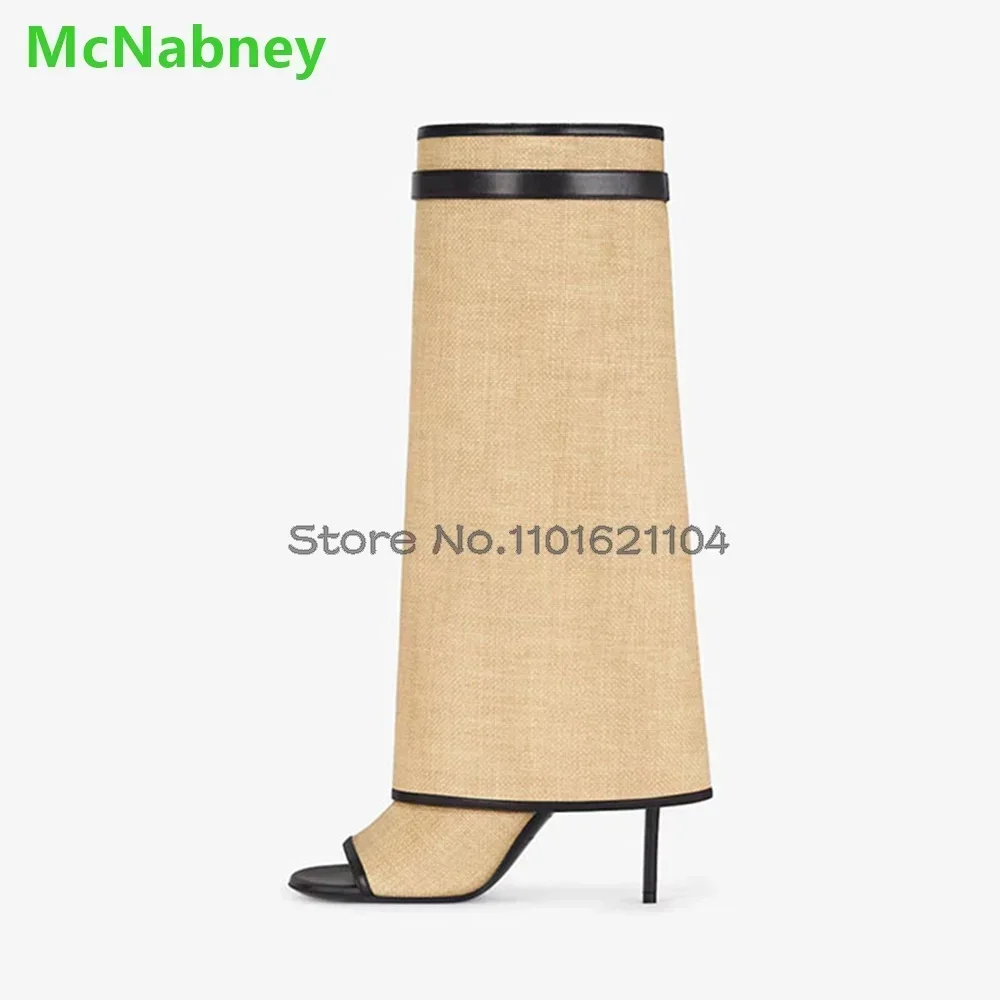 Splicing Open Toe Shark Boots For Female Women 2024 Autumn New Thin High Heel Luxury Metal Lock Design Slip-on Fashion Shoes