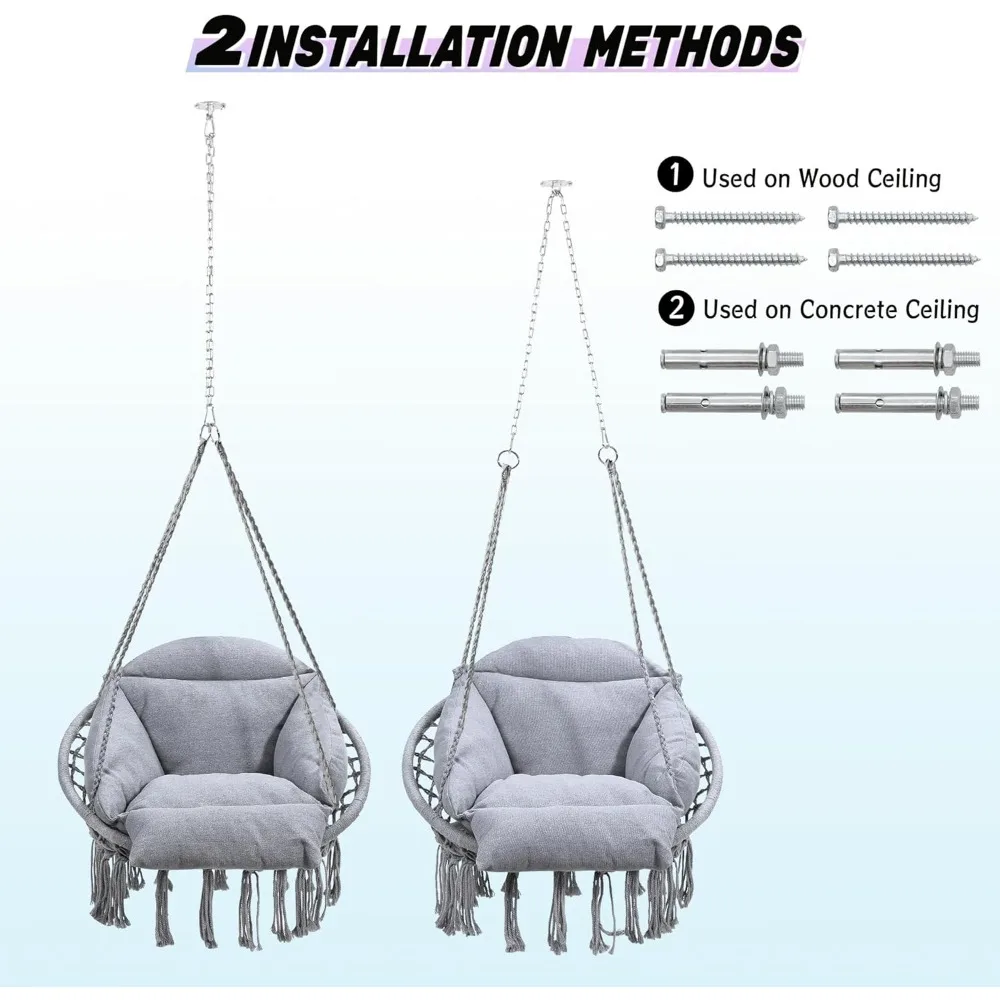 كرسي أرجوحة مكرامية مبطن كبير الحجم - مثالي لغرف النوم والشرفات والأطفال والكبار والشرفات - رمادي #5