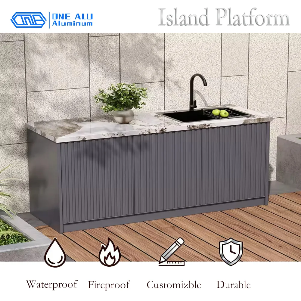 Outdoor Kitchen Sink Cabinet, Aluminum Storage with Stone Top & Basin, Patio Prep Table for Garden Barbecue