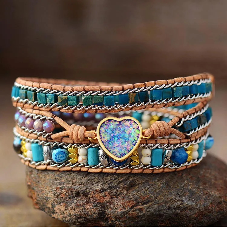 Personalized Custom Heart Opal Braided Leather Wrap Bracelet Boho Beaded Friendship Bracelet Bohemian Gift For Women Daily Wear