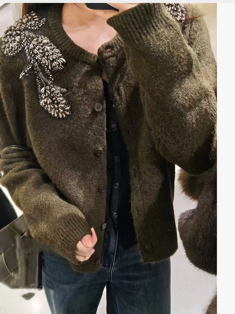 

New 2025 Winter Women's Loose Fit Knitted Long Sve round Ne Cardigan Sweater Beaded Decorated Open Front Outerwear