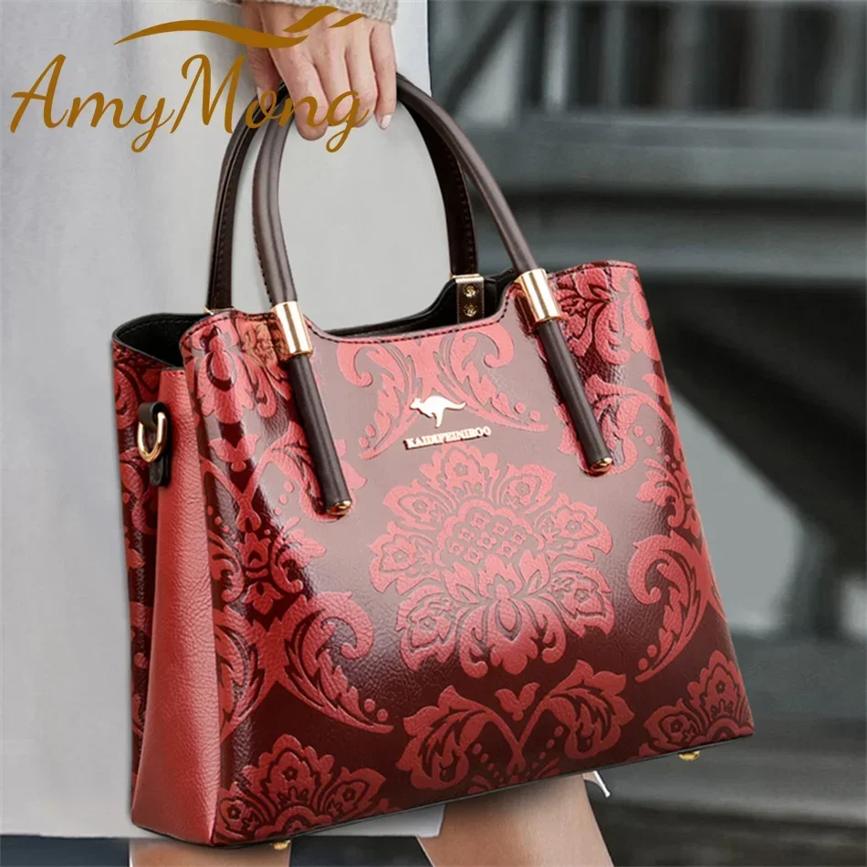 High Quality Leather 3 Layers Large Capacity Handbags Purses Fashion Floral Pattern Shoulder Bags for Women 2024 Crossbody Sac