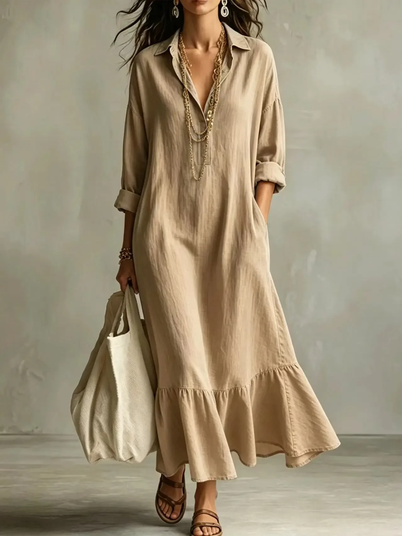 Spring Autumn New Fashion Lapel Long Sleeve Shirt Women's Loose Dress Casual Simple Retro Ruffled Swing Dress Female 2026